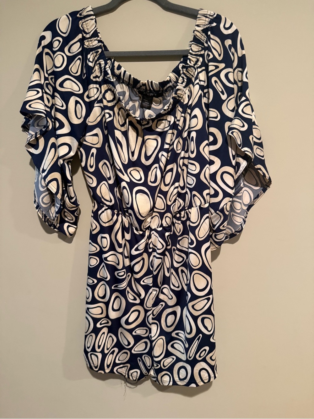 Ashley Stewart Navy and Cream Abstract Short Sleeve Romper